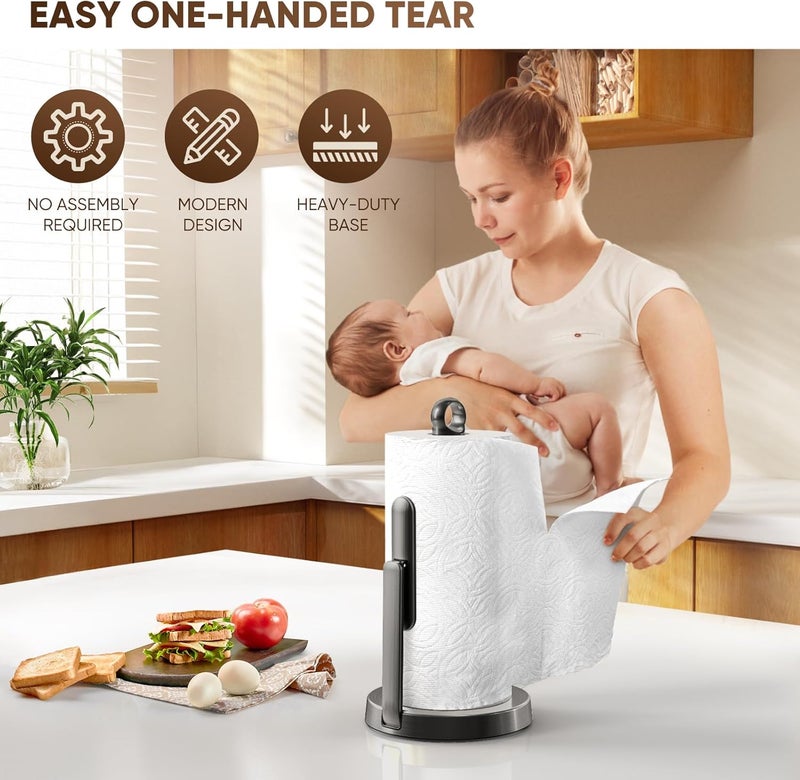 theaoo Heavy-Duty Stainless Steel Paper Towel Holder with Tension Arm – Easy One-Handed Tear, Modern Standing Countertop Dispenser for Kitchen, Holds All Paper Towel Rolls (1, Black) - Image 3